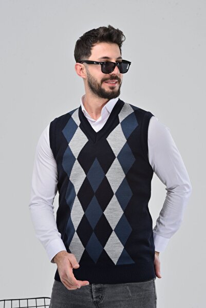 HEDEFNUR TEKSTİL Navy Blue Men's and Middle-Aged Diamond Patterned Winter Thick Knitwear V-Neck Knitwear Sweater