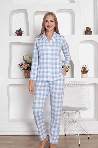 ALİMER Women's Blue Plaid Shirt Collar Front Buttoned 100% Cotton Combed Transitional Long Sleeve Pajama Set with Pockets