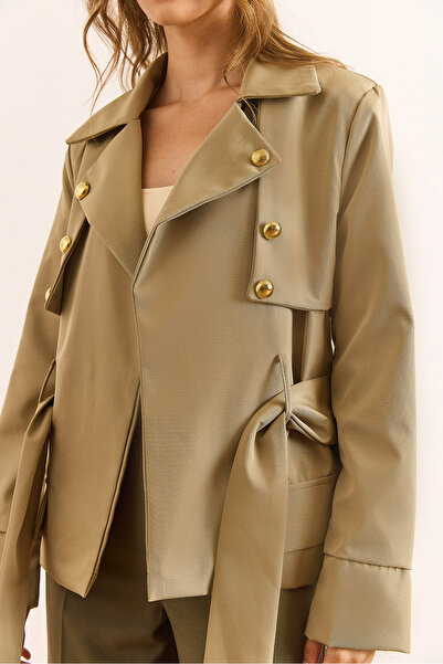 Olalook Women's Green Lined Belted Button Detailed Bondit Short Trench Coat Trc-00000010