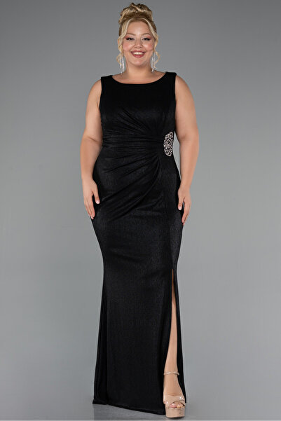 Abiyefon Siyah Kolsuz Yırtmaçlı Uzun Simli Büyük Beden Abiye ABU5231