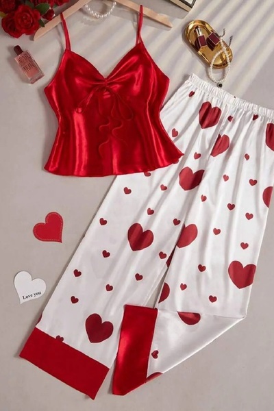 Nana & Mayka Moda Women's Heart Patterned Satin Pajama Set – 2 Piece Strap Top, Long Bottom Nightwear Set