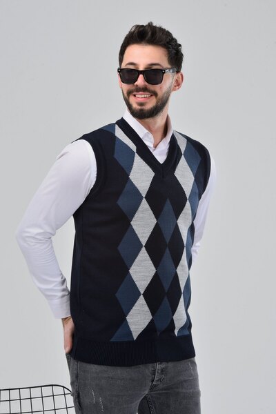 HEDEFNUR TEKSTİL Navy Blue Men's and Middle-Aged Diamond Patterned Winter Thick Knitwear V-Neck Knitwear Sweater