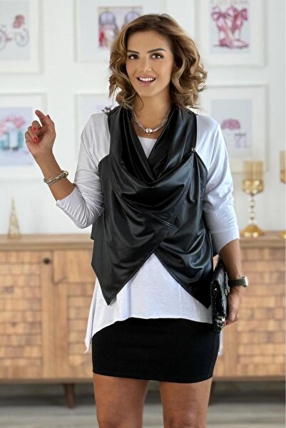 Nevin Kaya Moda White Degaje Collar Blouse and Leather Vest Two-Piece Set