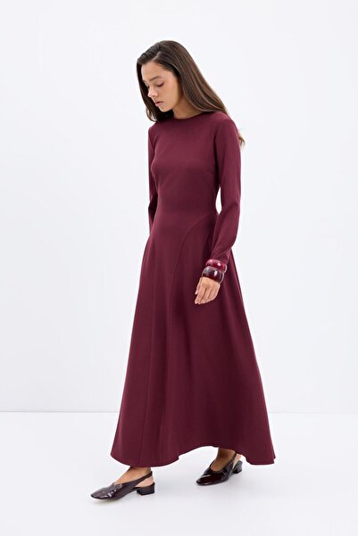 KADRİYE BAŞTÜRK Crew Neck Patchwork Long Dress Burgundy