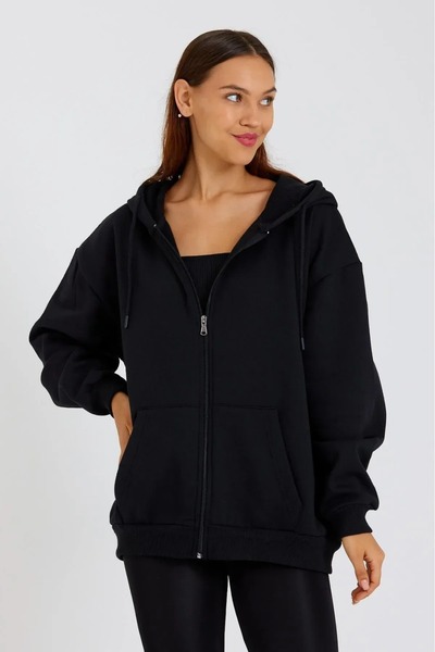 Tight Lady Siyah 3 iplik Kanguru Cepli Kapüşonlu Fermuarlı içi Polarlı Oversize Kadın Sweatshirt Hırka
