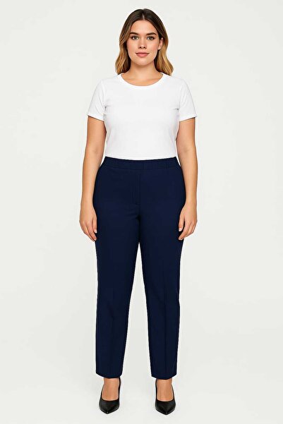 Şans Women's Plus Size Navy Blue, Waist Complete Elastic Pocket Fabric Pants 65N38733