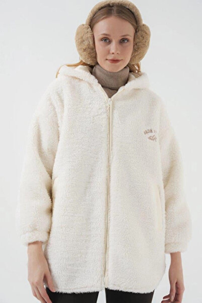 hazelin Women's Ecru Zippered Faux Wool Lined Hooded Plush Jacket Hzl25W-Bd152071