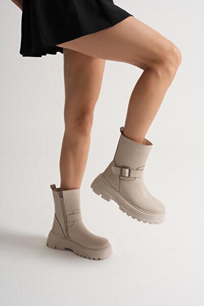 Tonny Black Women's Beige Thick Eva Sole Belt Buckle Detailed Zippered Boots