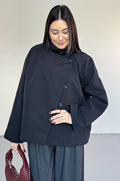 Cappmoda Ckt-12466 Black Stand Collar Hidden Button Pocket Lined Short Trench Coat