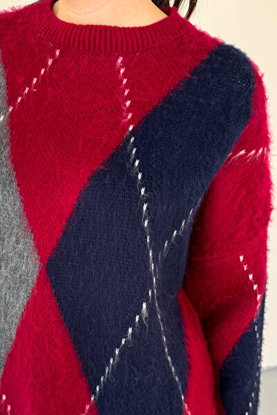 Cappmoda Trk-3544 Burgundy Color Block Bearded Oversize Knitwear Sweater