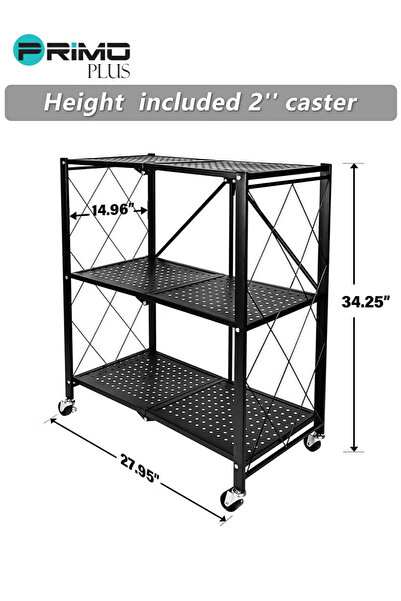 Primo Plus 3-Tier Foldable Storage Rack with Wheels Black