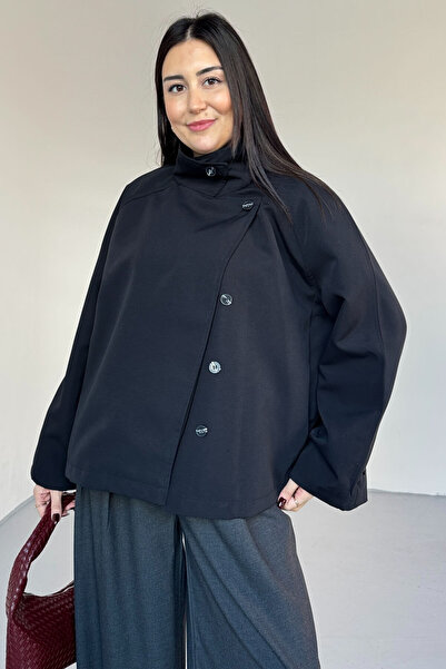 Cappmoda Ckt-12466 Black Stand Collar Hidden Button Pocket Lined Short Trench Coat