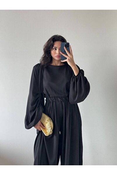 LOCH BUTİK Women's Black Pleated Sleeves Gathered Waist Maxi Jumpsuit