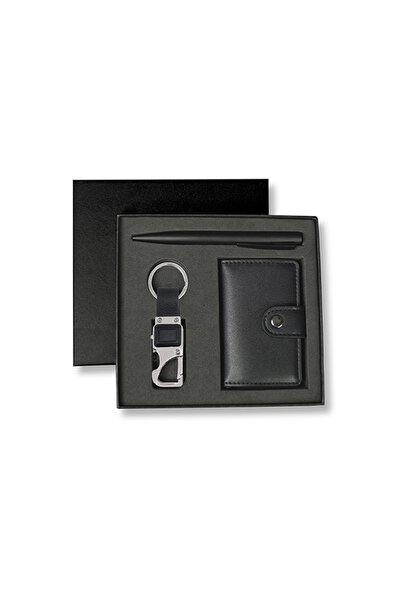 giftology REINE - مجموعة من حامل بطاقات RFID وسلسلة مفاتيح وقلم - أسود