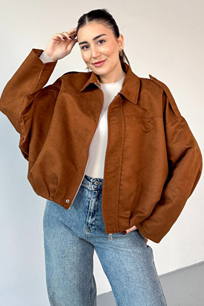 Cappmoda Ckt-12464 Tan Epauletted Lined Nubuck Oversize Jacket