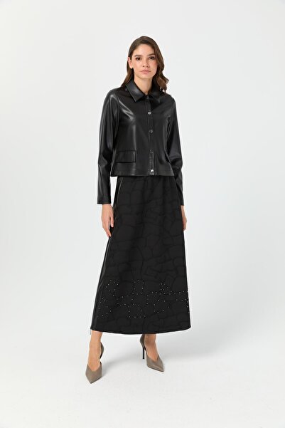 Esswaap Jakar Etekli Taş İşlemeli Deri Ceketli Takım Siyah