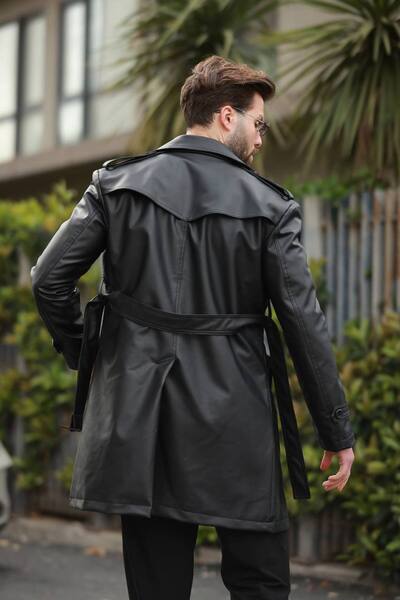 BASEL.CO Men's Elegant Leather Trench Coat with Epaulettes - a Signature Piece of Sophistication