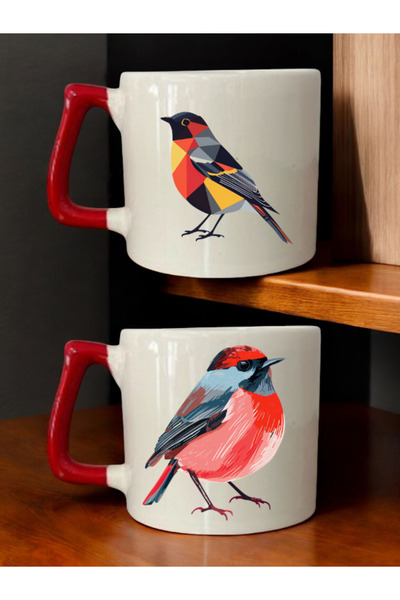 lili hediyelik طقم من كوبين للقهوة مطبوع عليه تصميم الطيور - أكواب سيراميك لل...