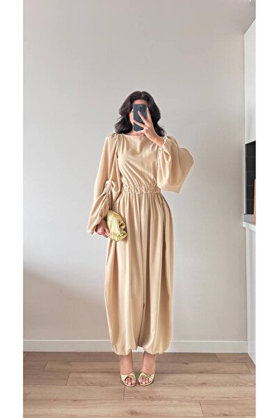 LOCH BUTİK Women's Beige Pleated Sleeves Gathered Waist Maxi Jumpsuit