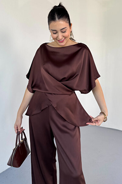 Cappmoda Tkm-0298 Bitter Brown Thick Satin Wide Collar Tie Detail Double Suit