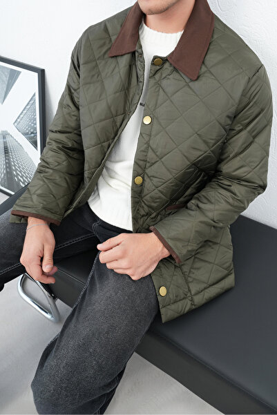 İLKCET MODA Khaki Men's Jacket with Diamond Pattern Collar Detail