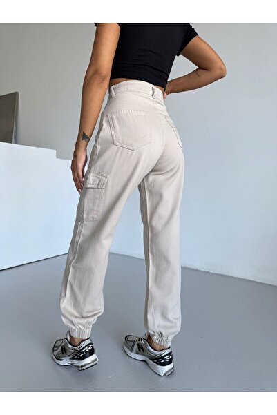 SHEVEGA Beige Black Cargo Pocket Elastic Waist Linen Pants