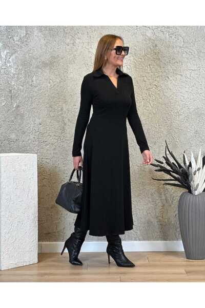 moda wanilia Women's Long Sleeve Collar Detailed Midi Modal Dress