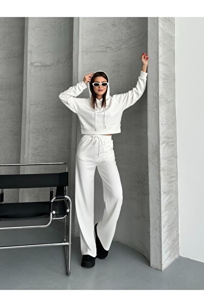 FERZOLAİO Hooded White Crop Tracksuit Set