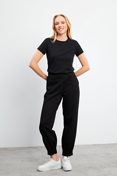 VENA Mary Regular Fit Soft Textured Jogging Pants with Cuff Detail (Cupro)-Black