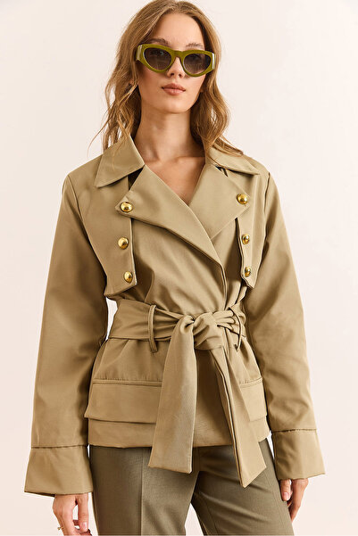 Olalook Women's Green Lined Belted Button Detailed Bondit Short Trench Coat Trc-00000010