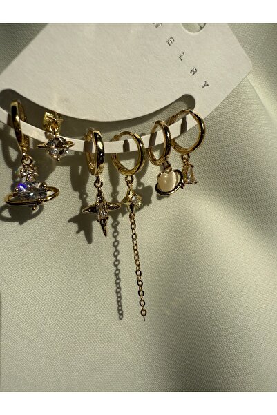 LUSORA ACCESORY Women's Gold Color Asymmetrical Figured 6-Piece Earring Set