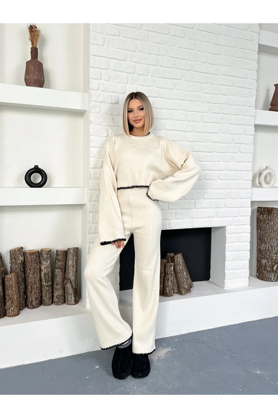 badibadii Women's Cream Comfortable Fit Knitwear Two-Piece Set - Modern and Stylish Combination