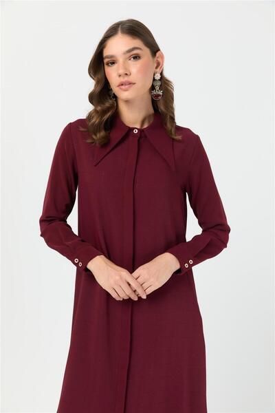 Esswaap Çizgi Detaylı Geniş Yakalı Şık Tunik Bordo