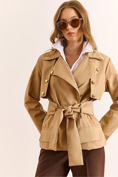 Olalook Women's Mink Lined Belted Button Detailed Bondit Short Trench Coat Trc-00000010