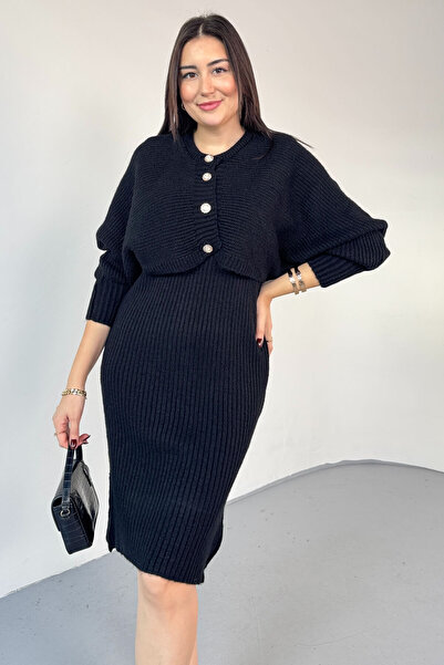 Cappmoda Tkm-9049 Black Soft Textured Buttoned Cardigan & Dress Two-Piece Knitwear Set