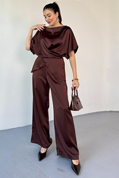 Cappmoda Tkm-0298 Bitter Brown Thick Satin Wide Collar Tie Detail Double Suit