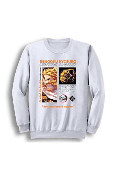 fame-stoned Demon Slayer Kyojuro Rengoku Printed Unisex 100% Cotton Crew Neck White Sweatshirt