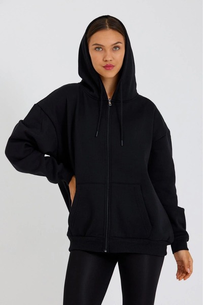 Tight Lady Siyah 3 iplik Kanguru Cepli Kapüşonlu Fermuarlı içi Polarlı Oversize Kadın Sweatshirt Hırka