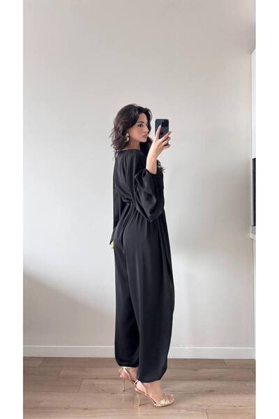 LOCH BUTİK Kadın Siyah Kolları Pileli Beli Büzgülü Maxi Tulum