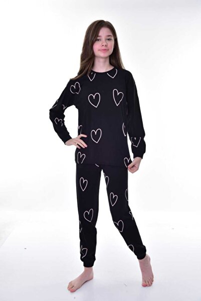 Yağmur Giyim Set de pijamale pentru fete ISOB cu model inimă neagră 100% bumb...