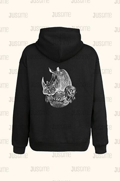 Justime Design Linear Rhino Back Print Unisex Black Pocket Hooded Sweatshirt ...