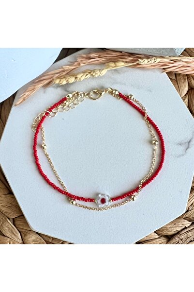 HALHALMILL Kırmızı Beyaz Murano Boncuklu Halhal