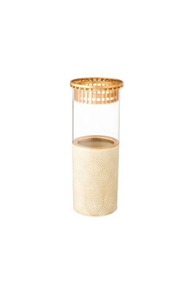 ORIAN Beige porcelain and glass cylindrical vase with a gold metal lid