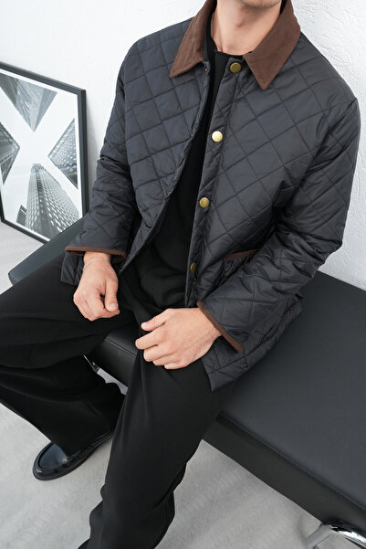İLKCET MODA Black Men's Jacket with Baklava Pattern Collar Detail