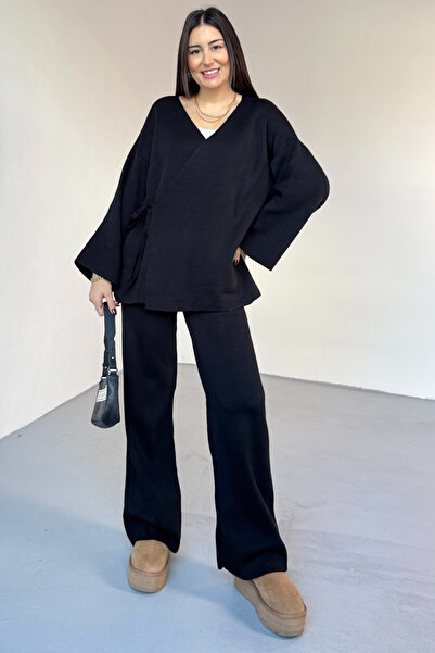 Cappmoda Tkm-7206 Black Steel Knitted Oversize Cardigan & High Waist Pants Two-Piece Knitwear Set