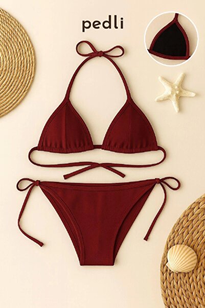 Beruflic Women's Burgundy Side and Neck Tie Bikini Swimsuit Set