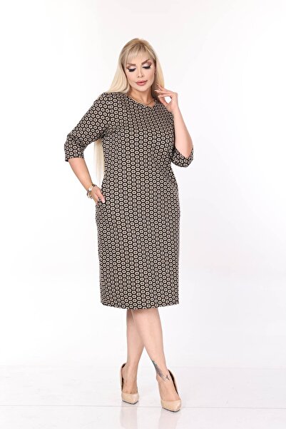 modayız Φόρεμα Midi Plus Size με διπλή τσέπη, ελαστικό, χειμωνιάτικο σχέδιο 36E-2705