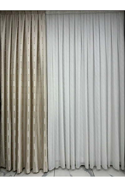 perkoz Hafif Saçaklı Fon Perde Bej Fon 1/3 Sık Pile