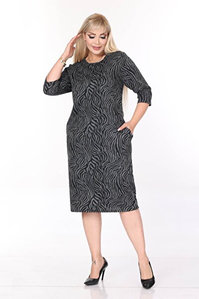 modayız Double Pocket Patterned Stretchy Winter Plus Size Midi Dress 10C-2707
