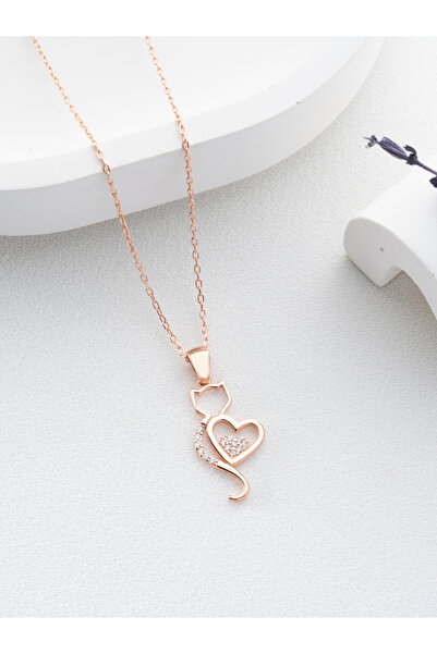 Two Arts Jewelry Kadın 925 Ayar Gümüş Kedi Kalp Kolye | Hediye Kutusunda